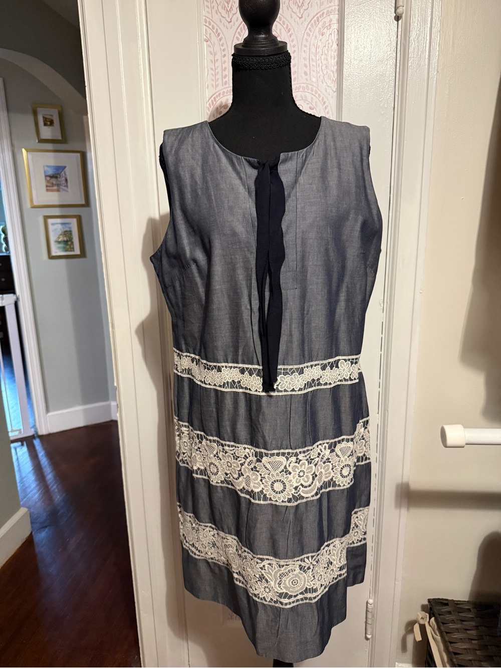 Karl Lagerfeld Navy Sleeveless Dress with White Lace Bands